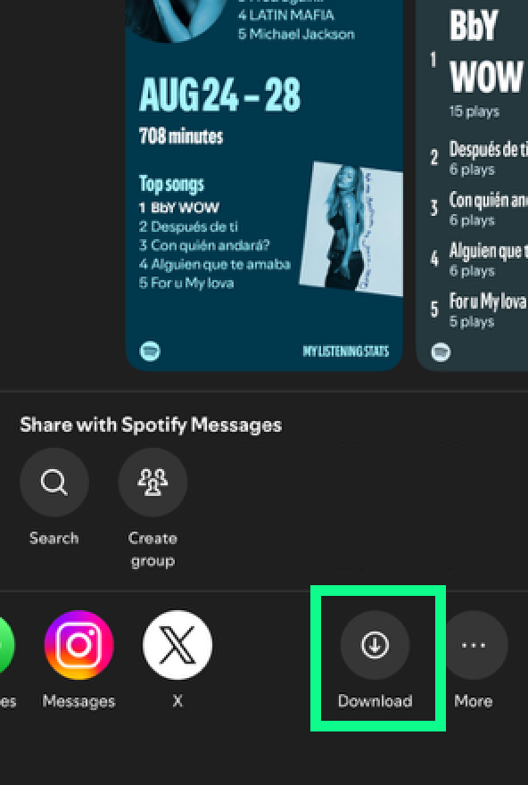 Tap Download on a Spotify Listening Stats card